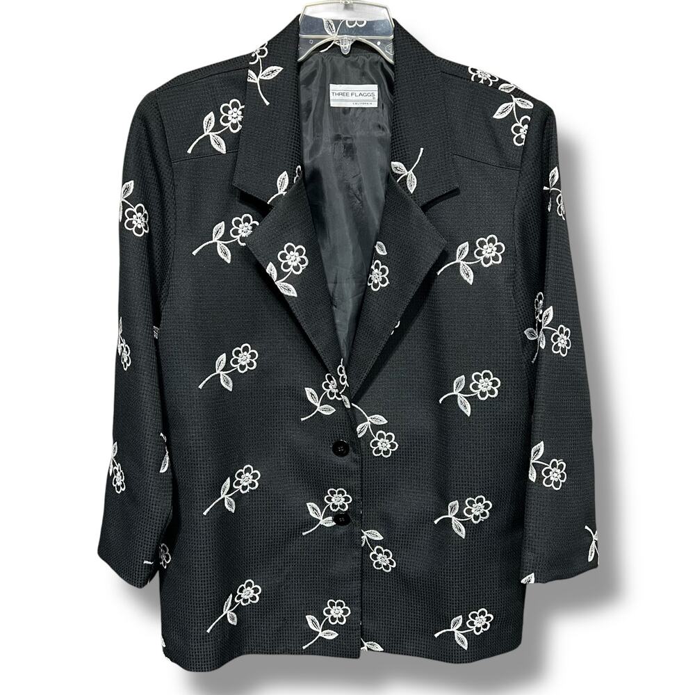 Vintage Three Flaggs Womens Blazer Suit Jacket Floral Embroidered Black Size 12